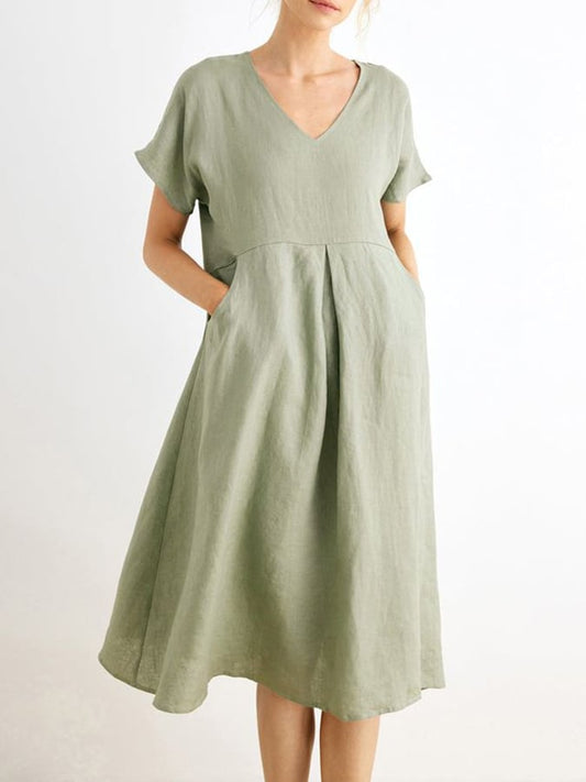 Ladies V-Neck Cotton And Linen Loose Dress