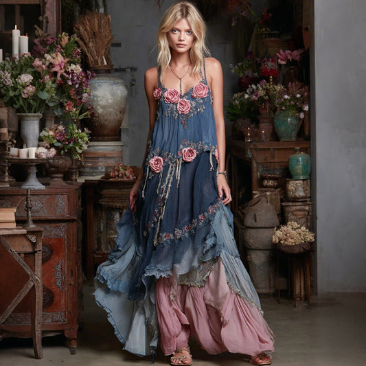 Vintage Boho Floral Art V Neck Sleeveless Casual Maxi Dress