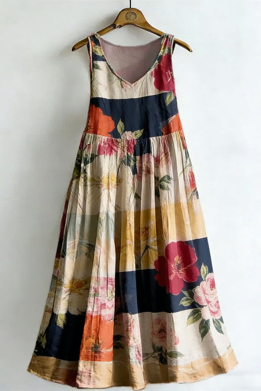Women's Vintage Floral Colorblock Sleeveless Cotton Dress