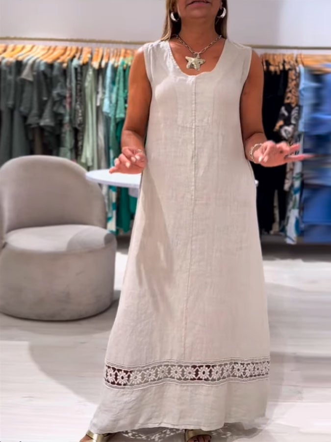 Women's Casual Solid Color Round Neck Sleeveless Lace Splicing Cotton and Linen Dress