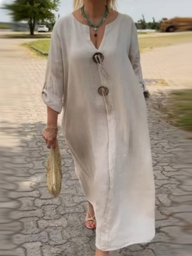 Women'S Notch Collar Wooden Button Loose Cotton And Linen Dress
