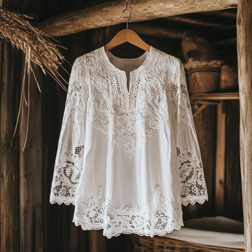 Vintage Lace Embroidered Tassel Linen Shirt