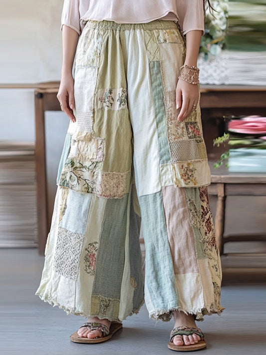 Vintage Floral Embroidered Patchwork Linen Blend Casual Pants