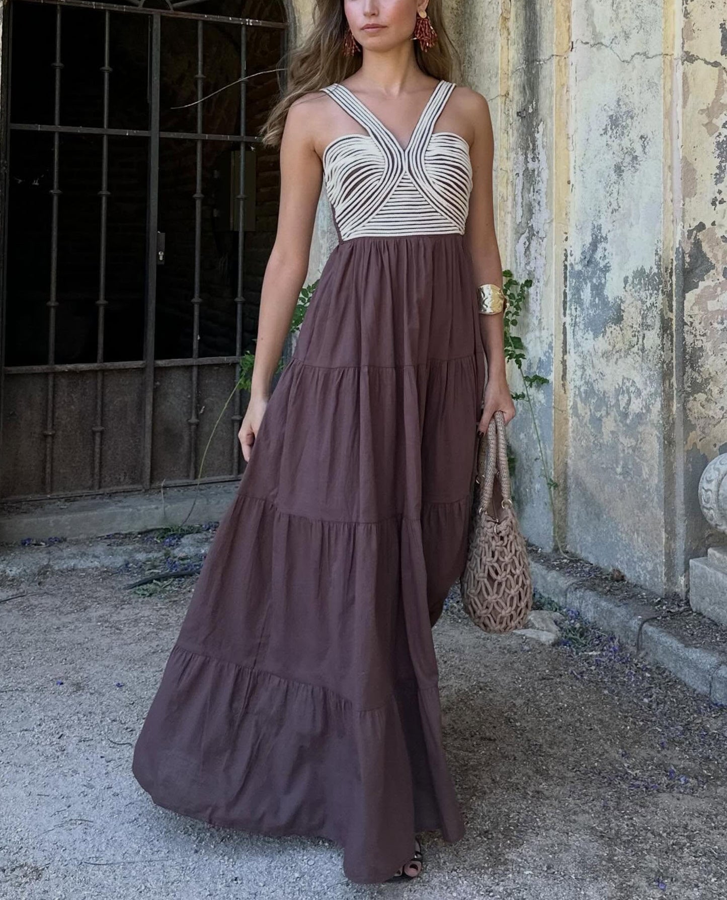 Tiered Maxi Dress with Crisscross Textured Bodice