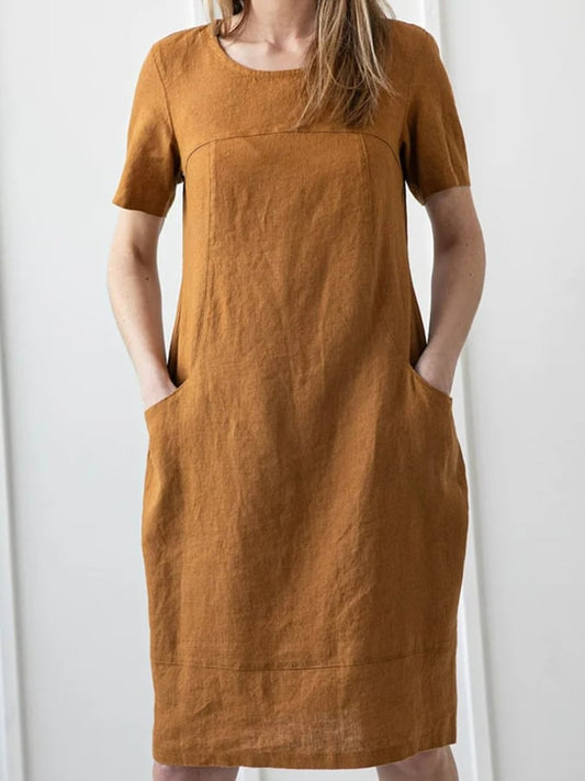 Women's Casual Solid Color Loose Cotton Round Neck Short Sleeve Dress