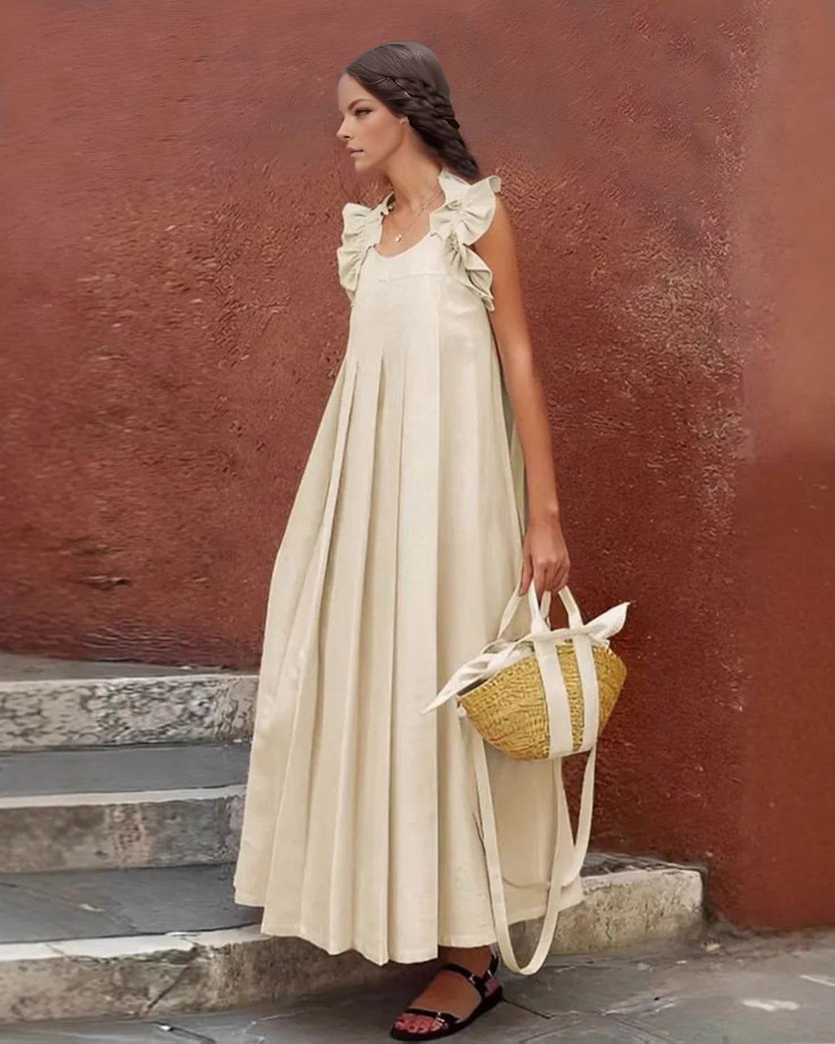 Casual Fashion Solid Color Ruffle Hem Midi Dress