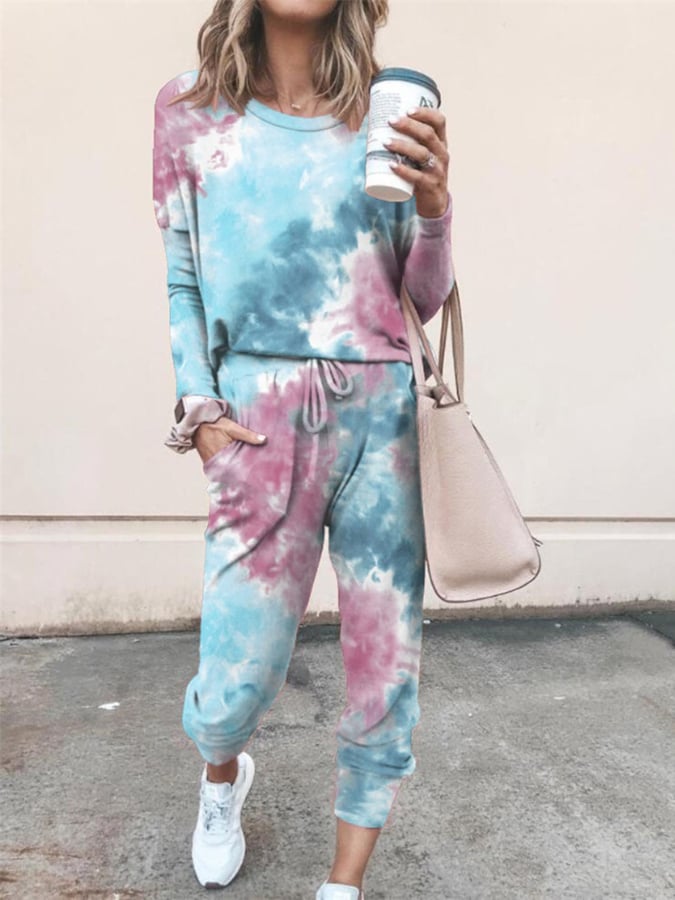 Women'S Casual Round Neck Tie-Dye Long Sleeve Two-Piece Set