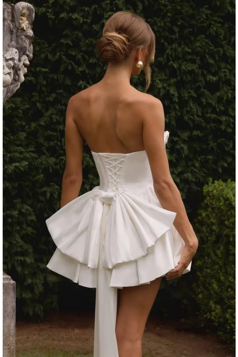 Strapless Satin Corset Homecoming Dress with Back Bow & Train