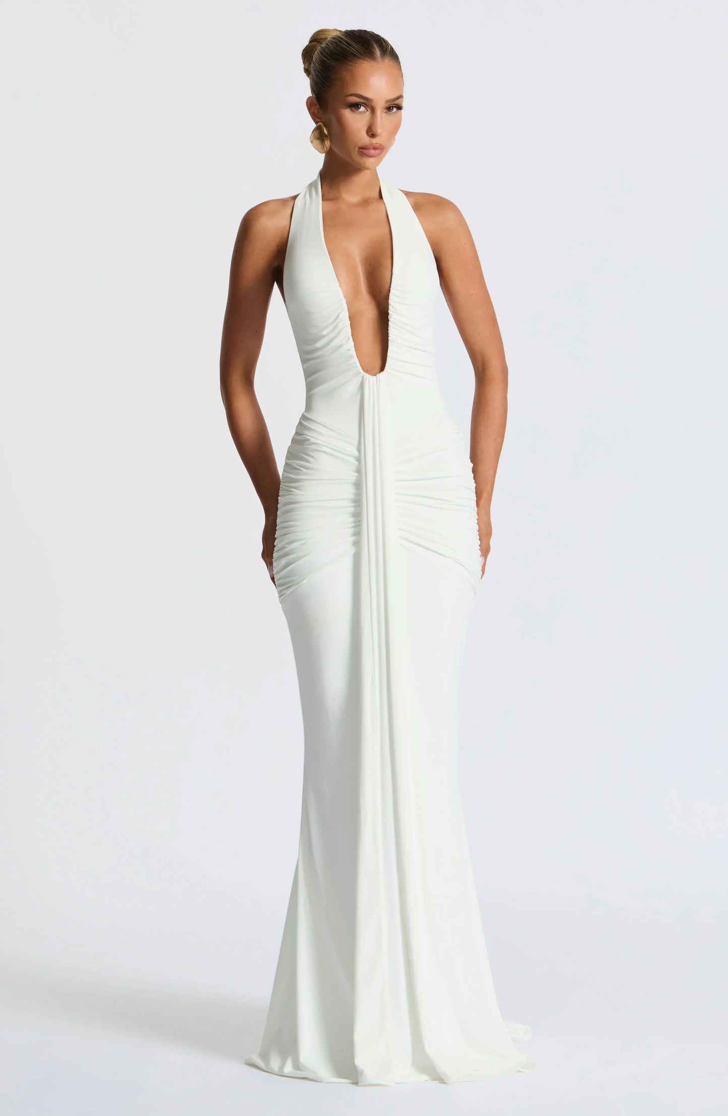 Solid Color Halterneck V-neck Open Back Tie Gathered Maxi Dress