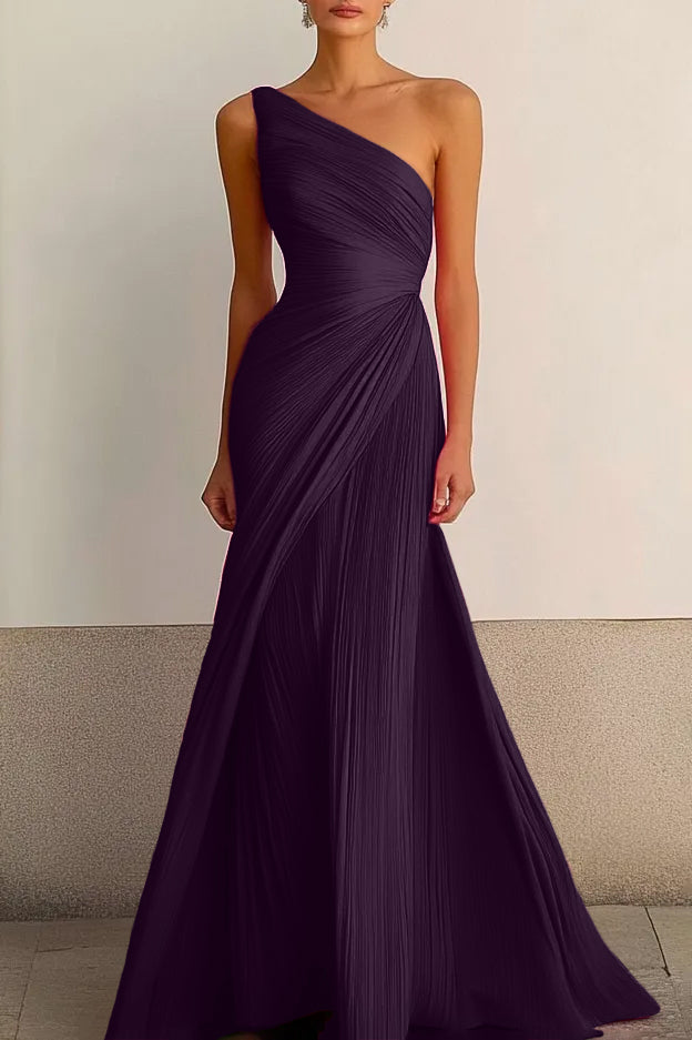 One Shoulder Pleated Maxi Dress Flowy Bodycon Gown Darted Waist Wedding Guest Dress