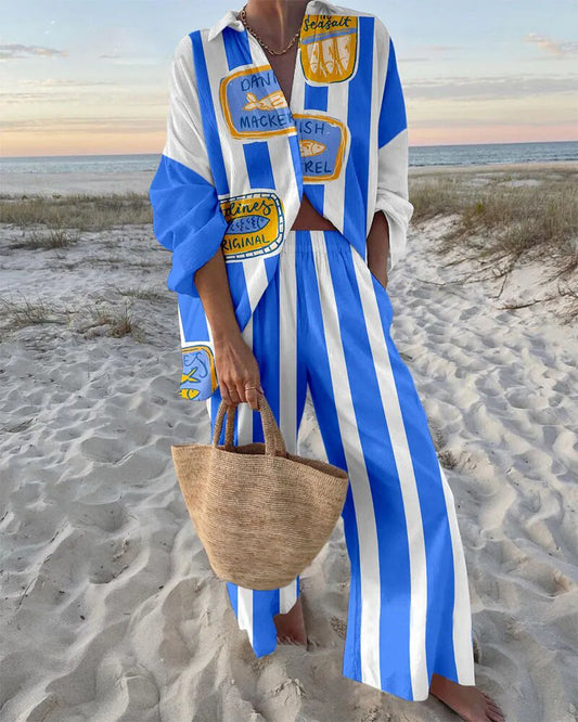 Holiday Blue Stripe Print Two-Piece Set
