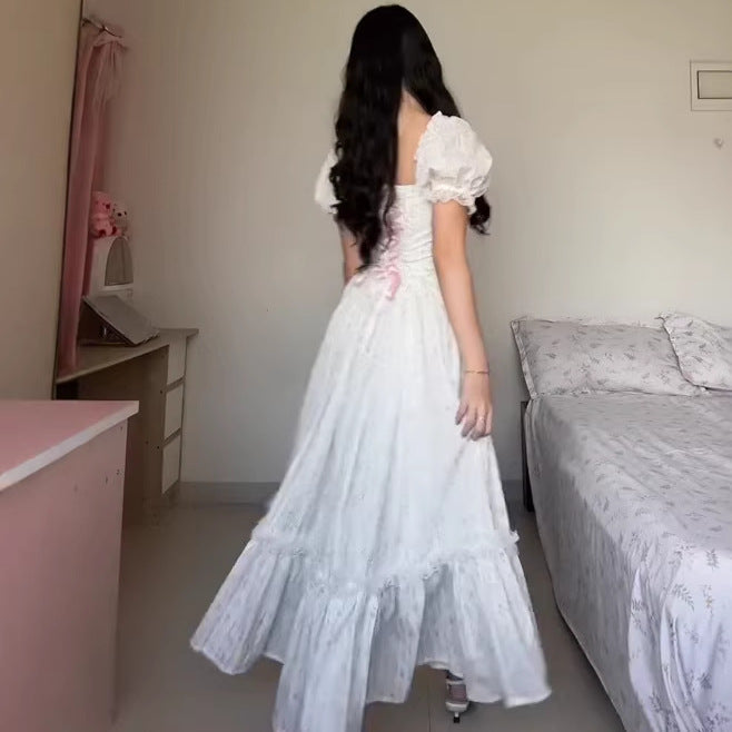 New Summer Slimming Fashion Tea Party Lace Square Neck Elegant Puff Sleeve Dress for Women