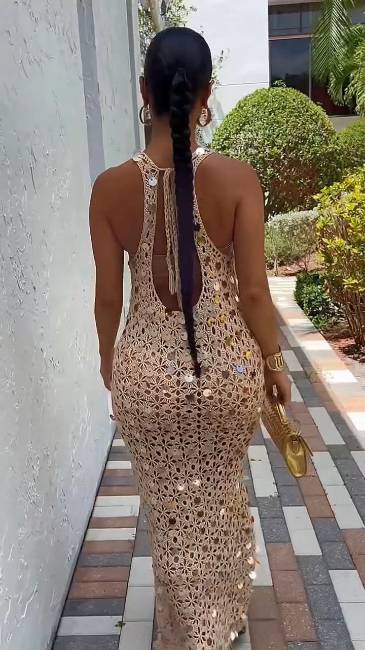Sequined Crochet Lace Sleeveless Bodycon Maxi Dress