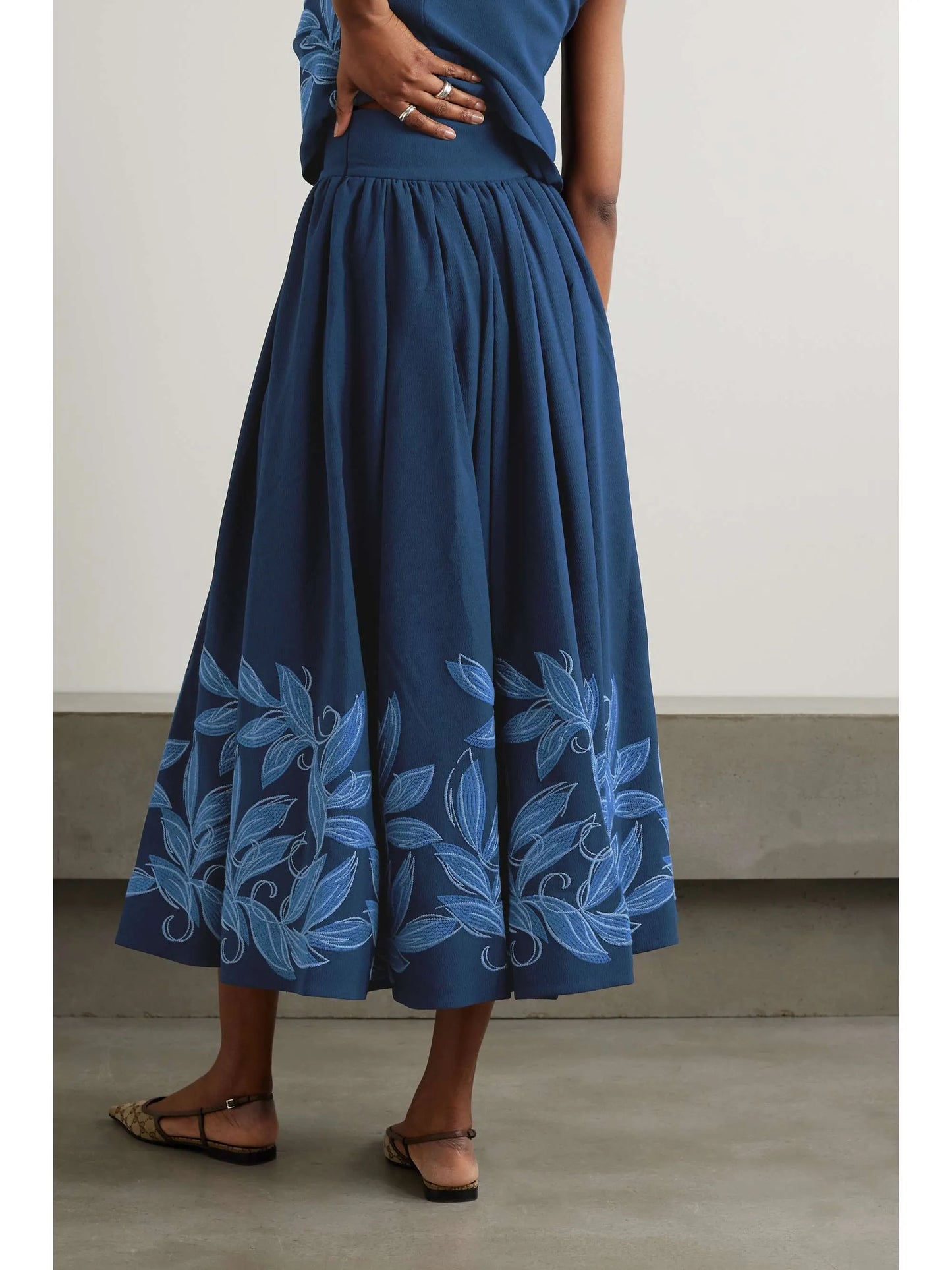 Embroidered Crepe Midi Skirt
