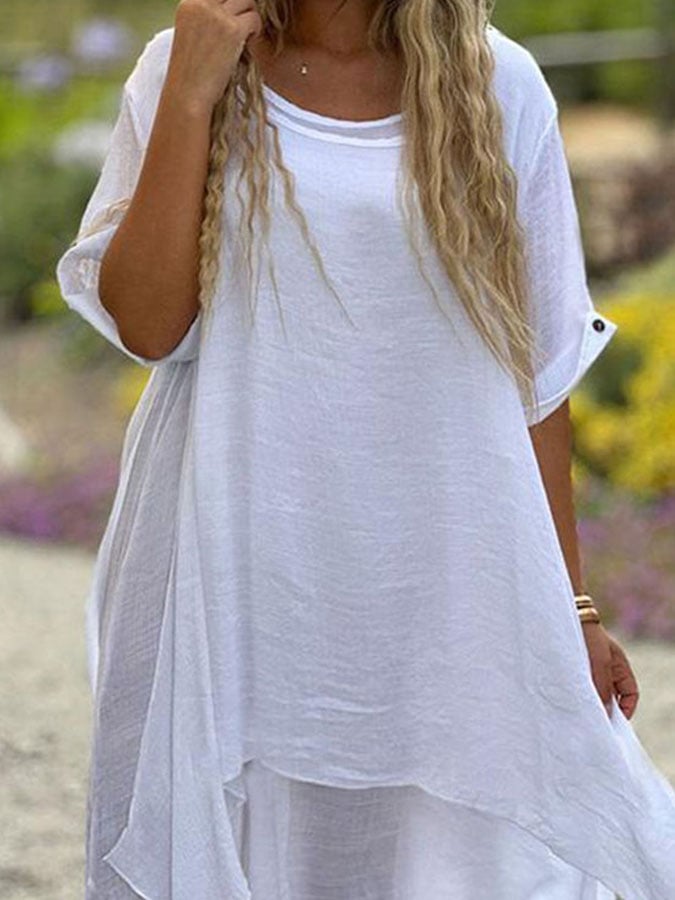 Women'S Casual Solid Color Round Neck Mid Sleeve Splicing Dress