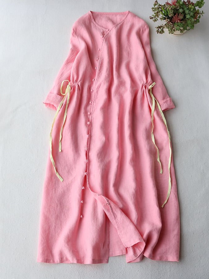 Cotton And Linen V-neck Diagonal Neckline Drawstring Open Button Dress