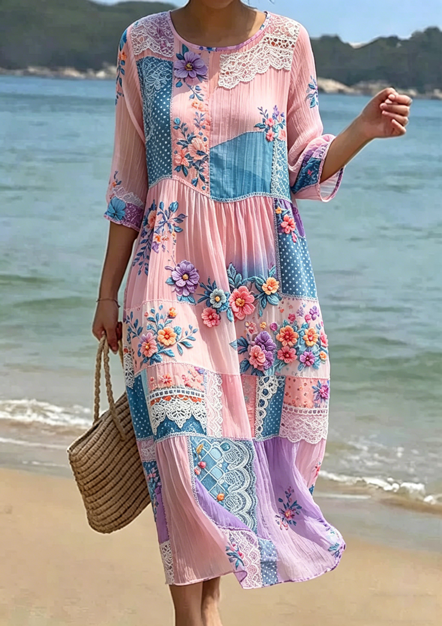 Women's Floral Embroidered Smocked Waist Midi Dress