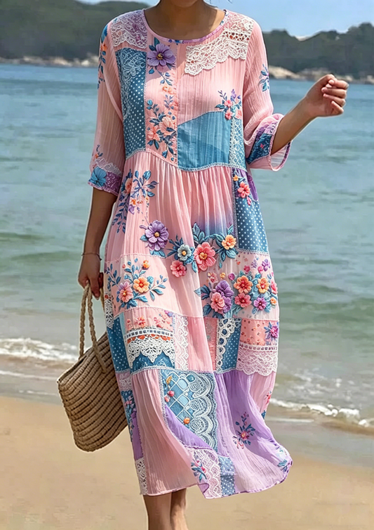Women's Floral Embroidered Smocked Waist Midi Dress