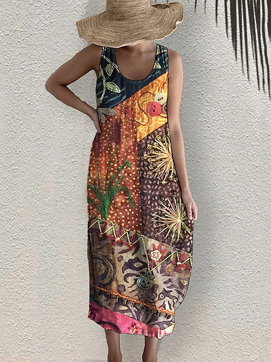 Vintage Bohemian Geometric Art Linen Blend Dress