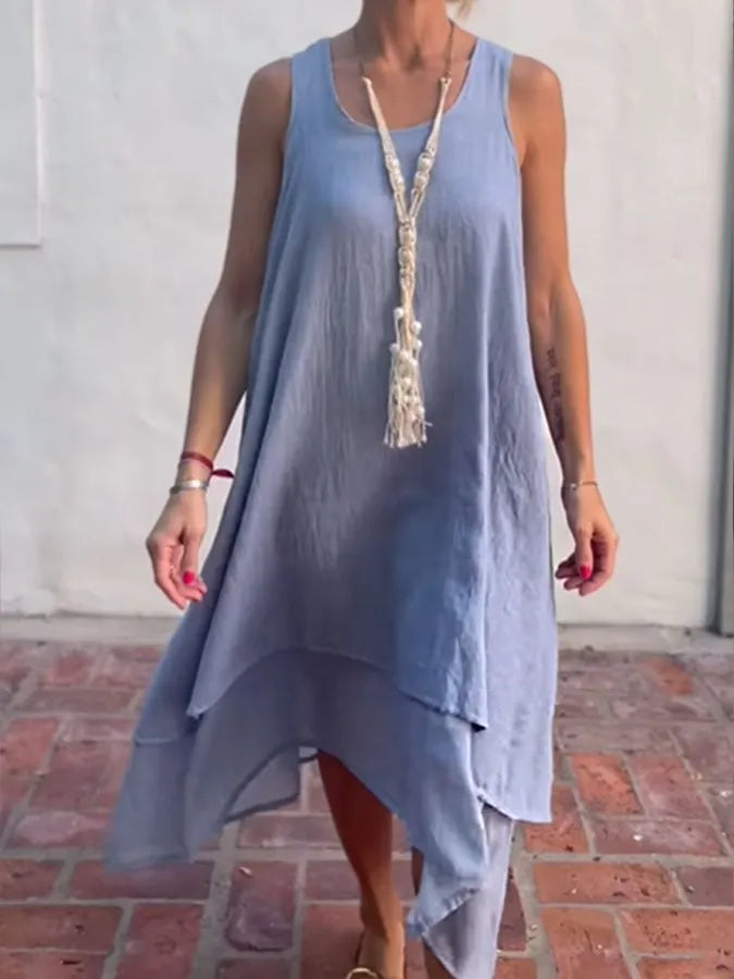 Women's Casual Solid Color Round Neck Sleeveless Splicing Irregular Hem Dress