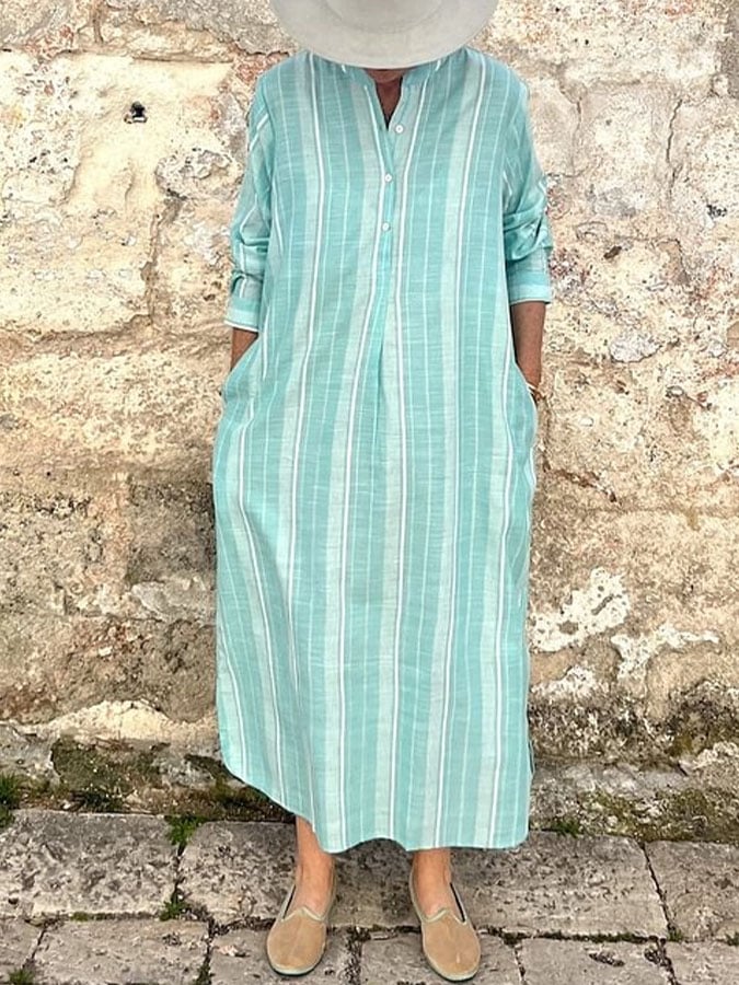 Women's Casual Long Sleeve Striped Print Button Dress