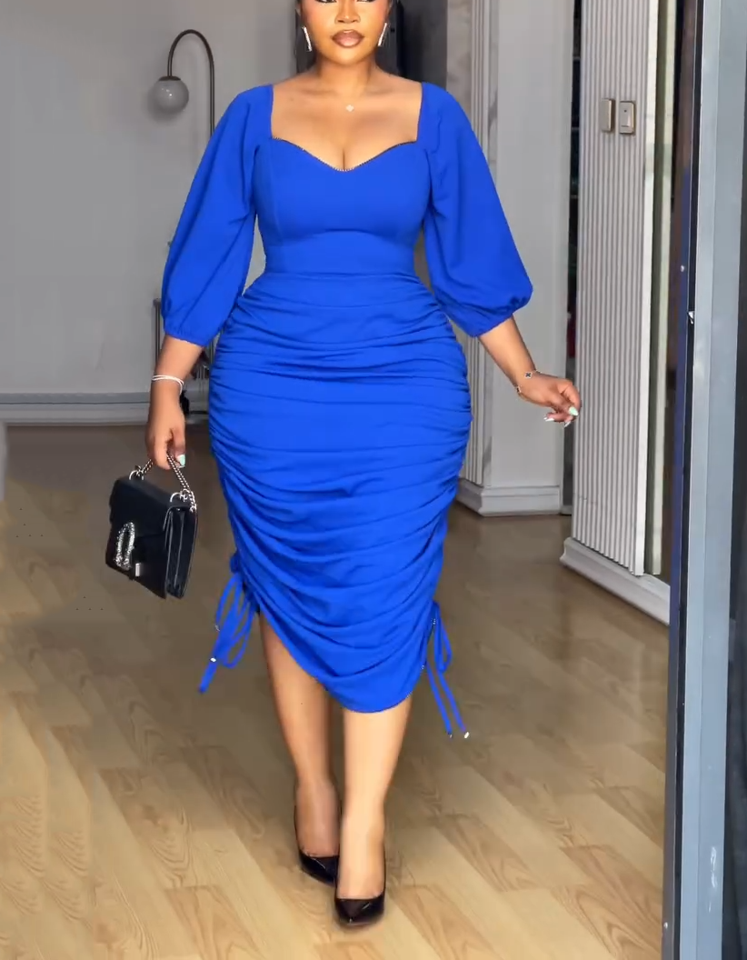 Royal Blue Ruched Bodycon Midi Dress with Puff Sleeves