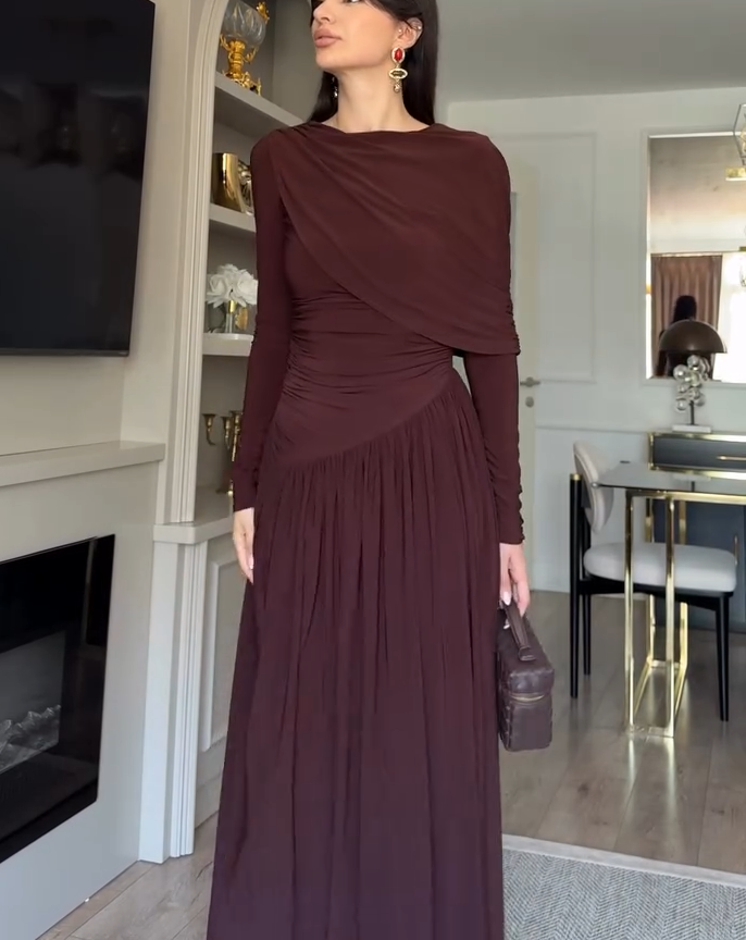 Asymmetrical Draped Shoulder Ruched Waist Maxi Dress