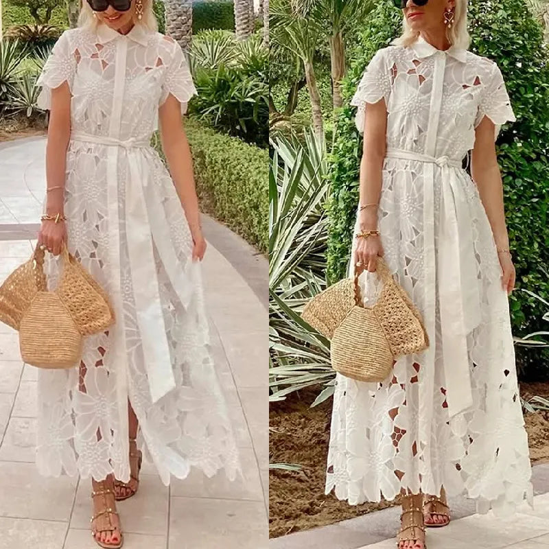 Casual Lace Cardigan Single-Breasted Dress