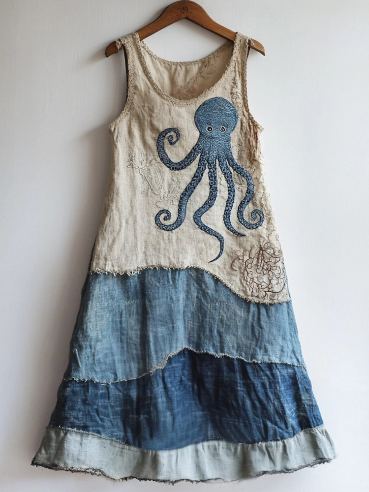 Octopus Pattern Patchwork Art Linen Blend Dress