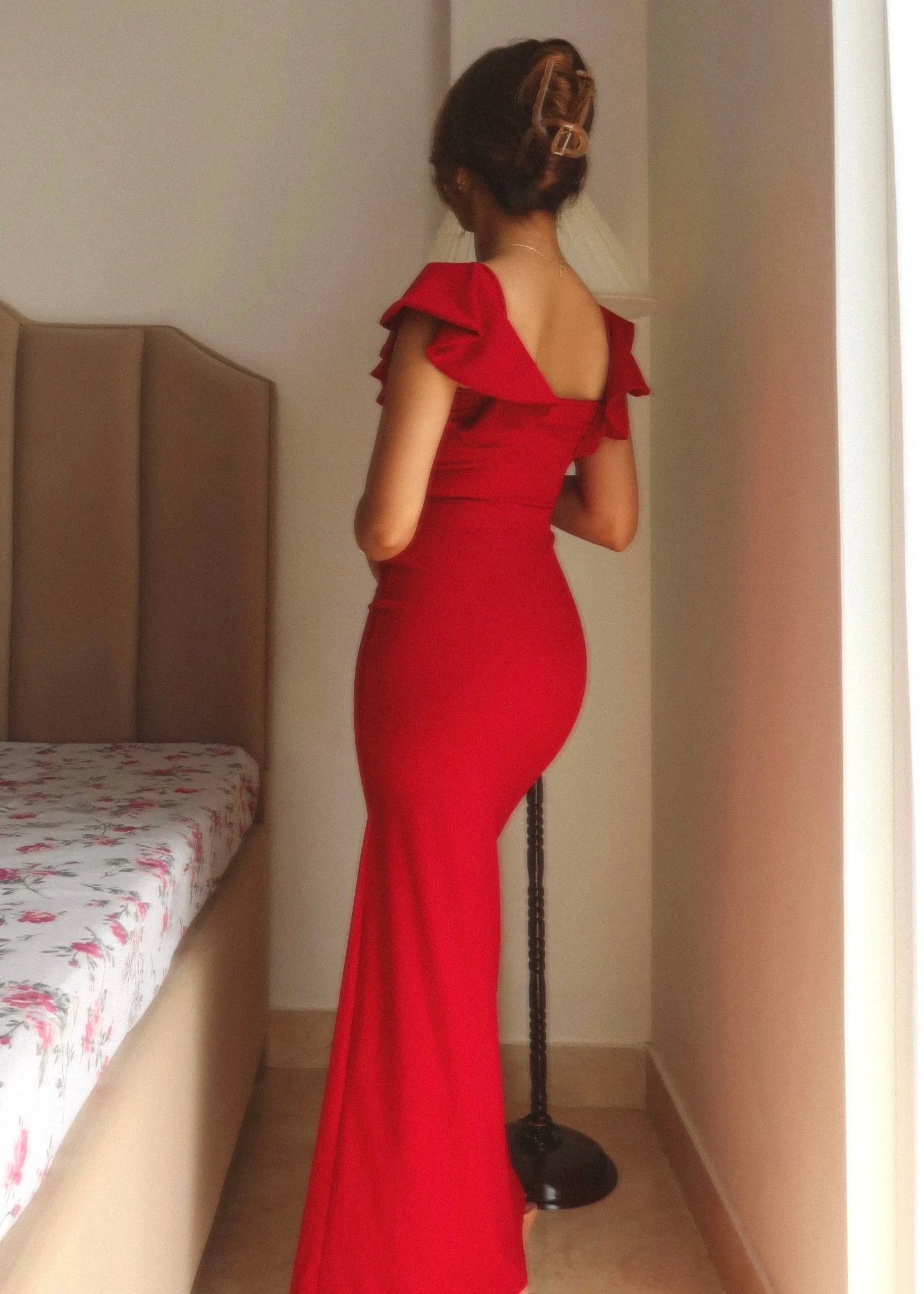 Solid-Color Ruffle Slit Maxi Dress