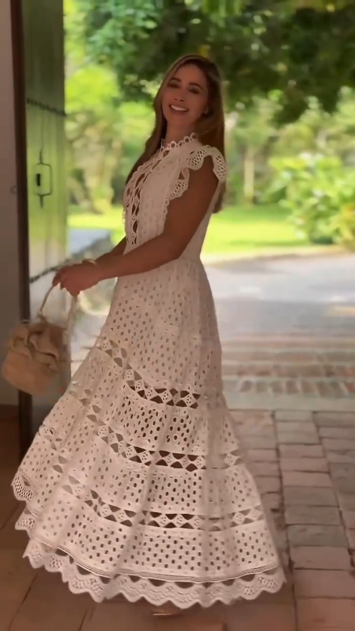 Bohemian Short Sleeve Tiered Lace Maxi Dress