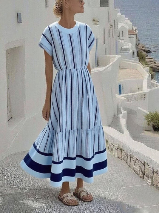 Women's Holiday Round Neck Short Sleeve Striped Printed Cotton and Linen Dress