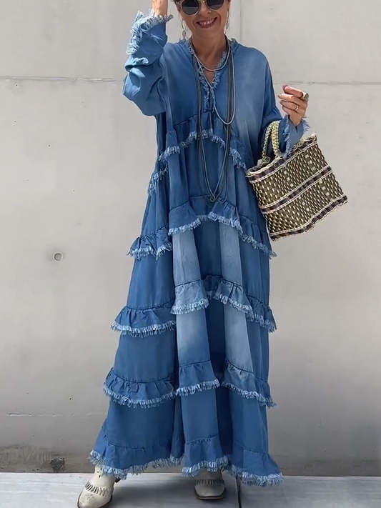 Oversized Tiered Ruffle Denim Maxi Dress with Fringe Details