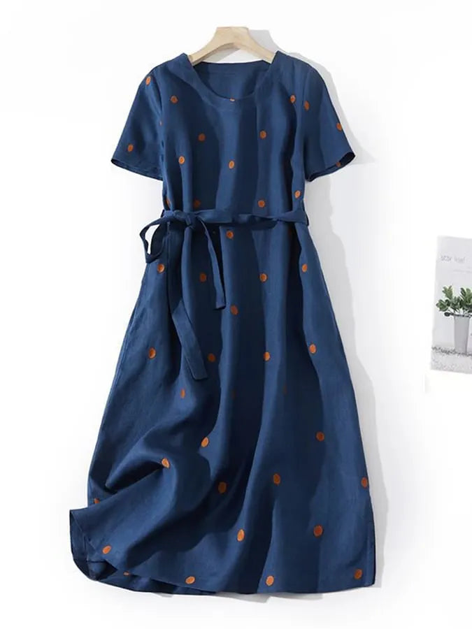 Cotton And Linen Printed Polka Dot Waistband Dress