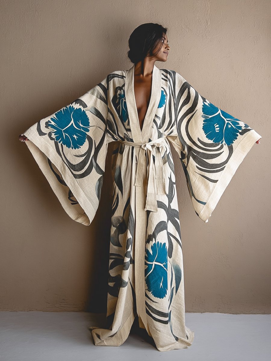 Women's Blue Floral Kimono Linen Robe (Including Belt)