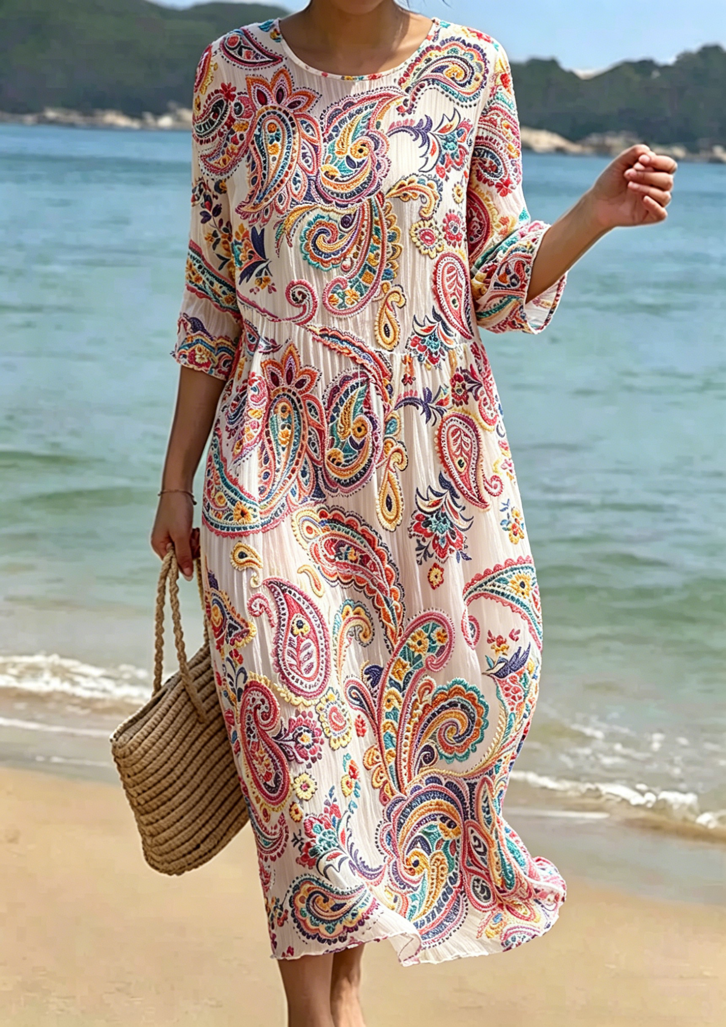 Women's Floral Embroidered Smocked Waist Midi Dress