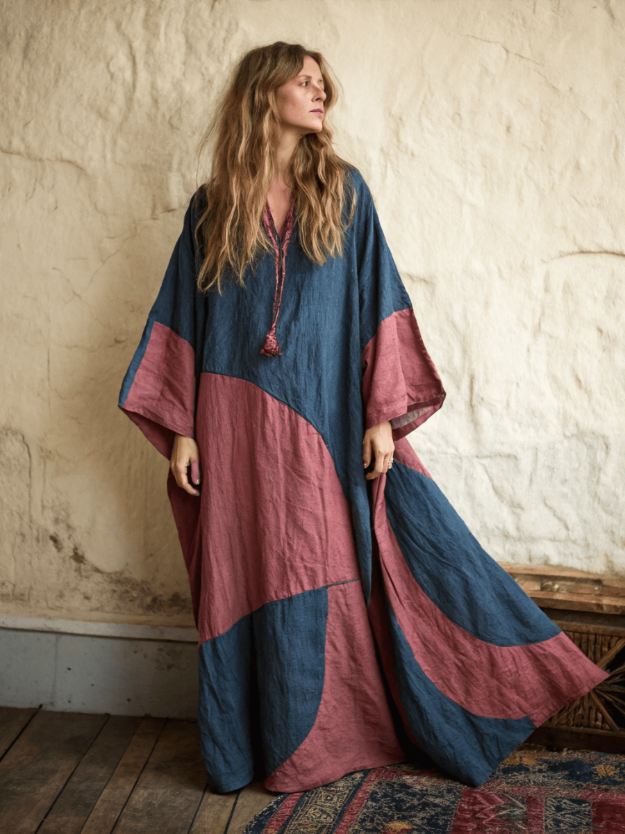 Linen Printed Kaftan Maxi Dress
