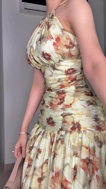 Summer Floral Print Ruched Halter Midi Dress