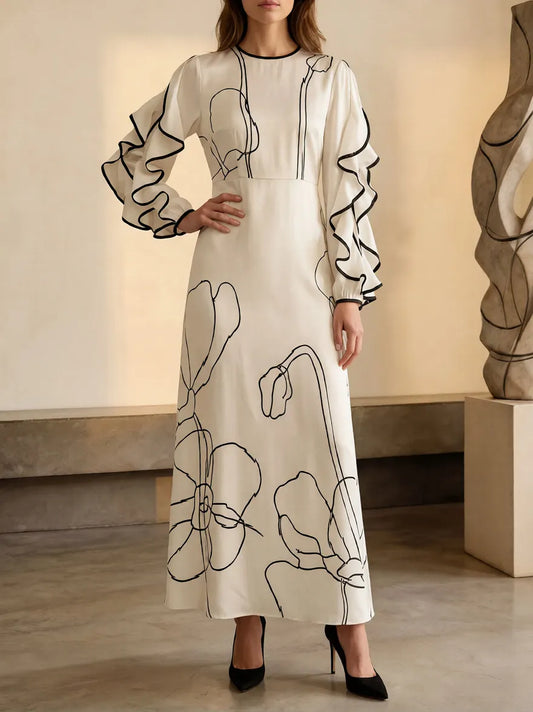 Loose Contrast Color Falbala Flower Print Hollow Zipper Maxi Dresses