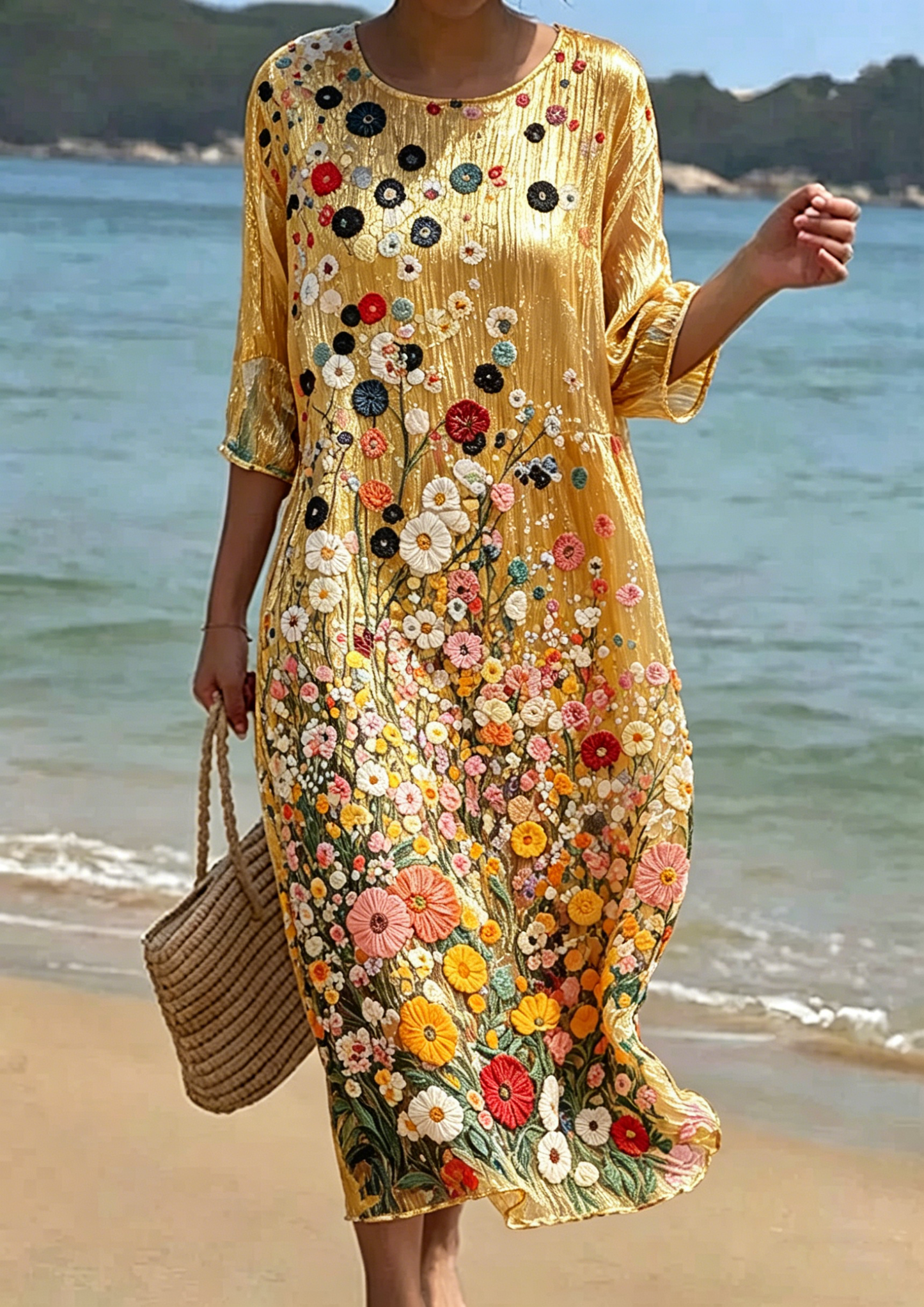 Women's Floral Embroidered Smocked Waist Midi Dress