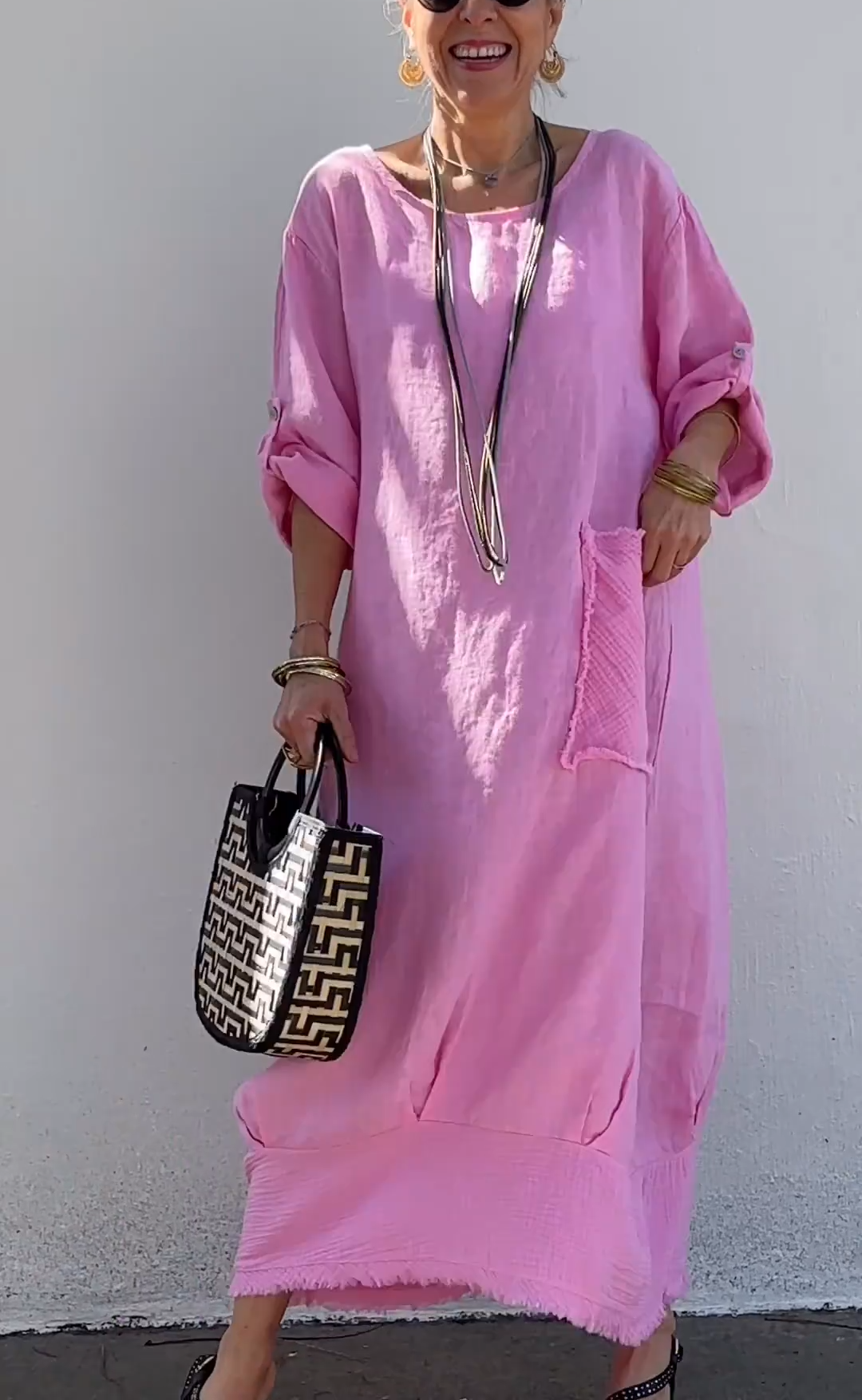 Oversized Linen Maxi Dress with Fringe Hem & Patch Pocket