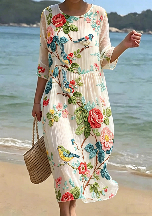 Women's Floral Embroidered Smocked Waist Midi Dress