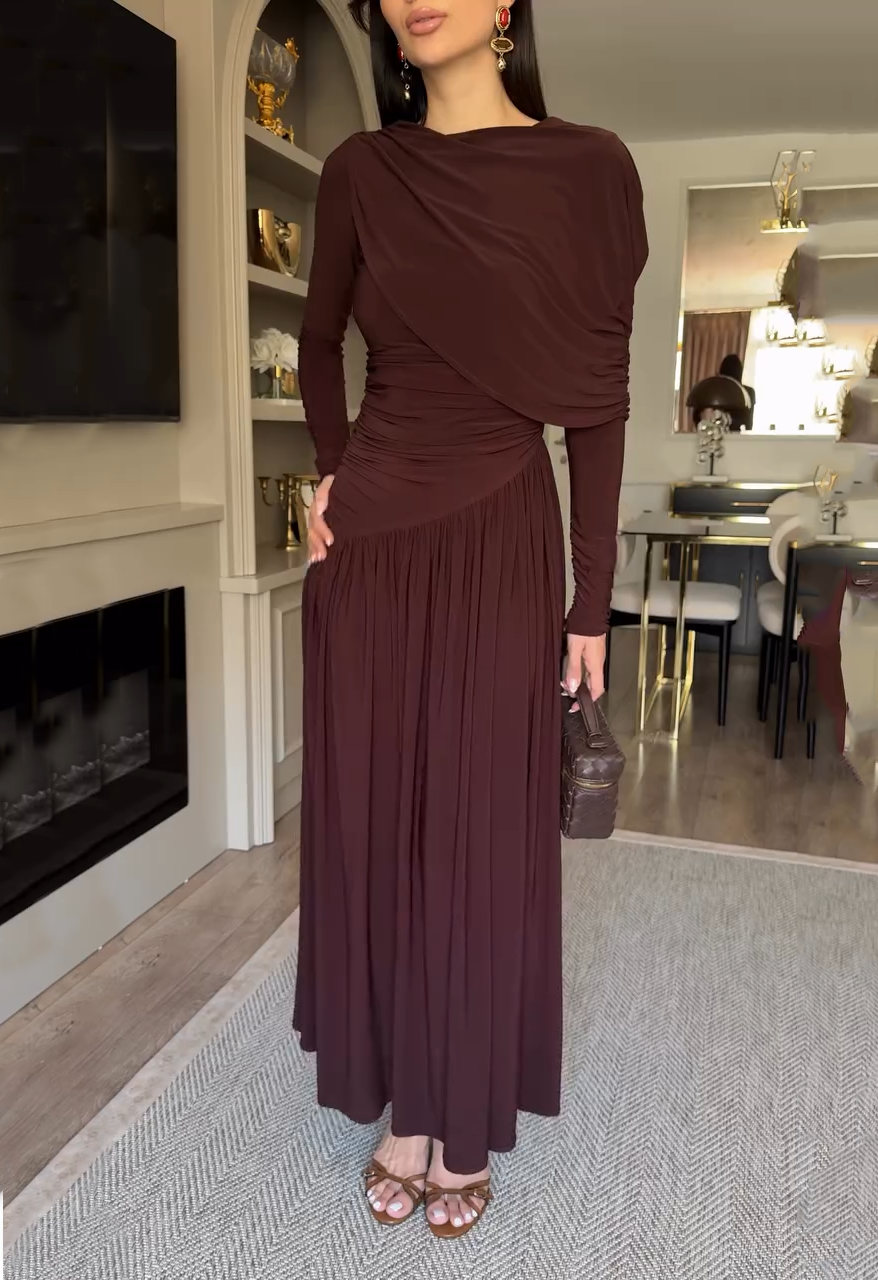 Asymmetrical Draped Shoulder Ruched Waist Maxi Dress