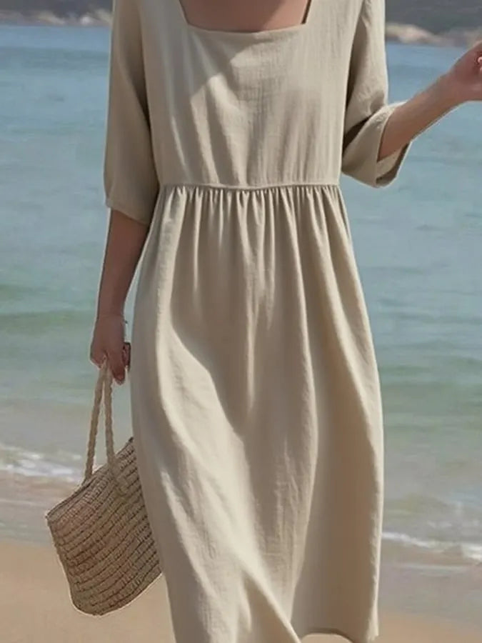 Women'S Casual Solid Color Cotton And Linen Short-Sleeved Dress