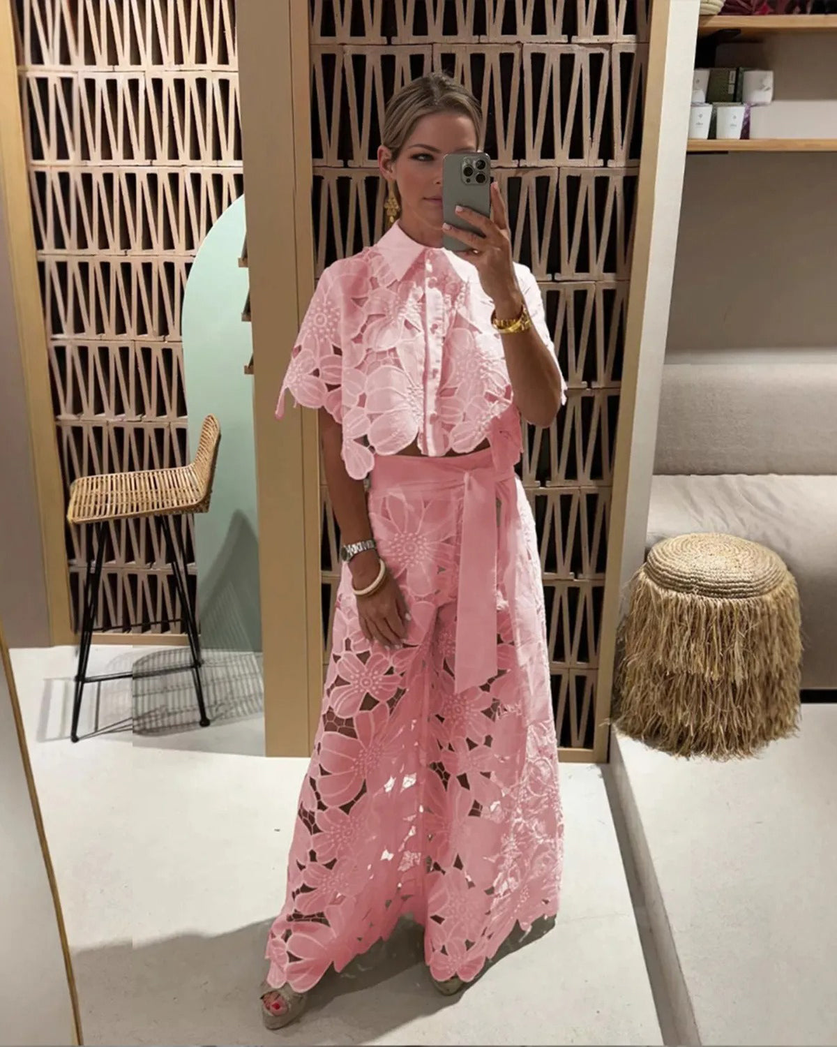Solid Color Lace-Up Knit Top & Wide-Leg Pants Two-Piece Set