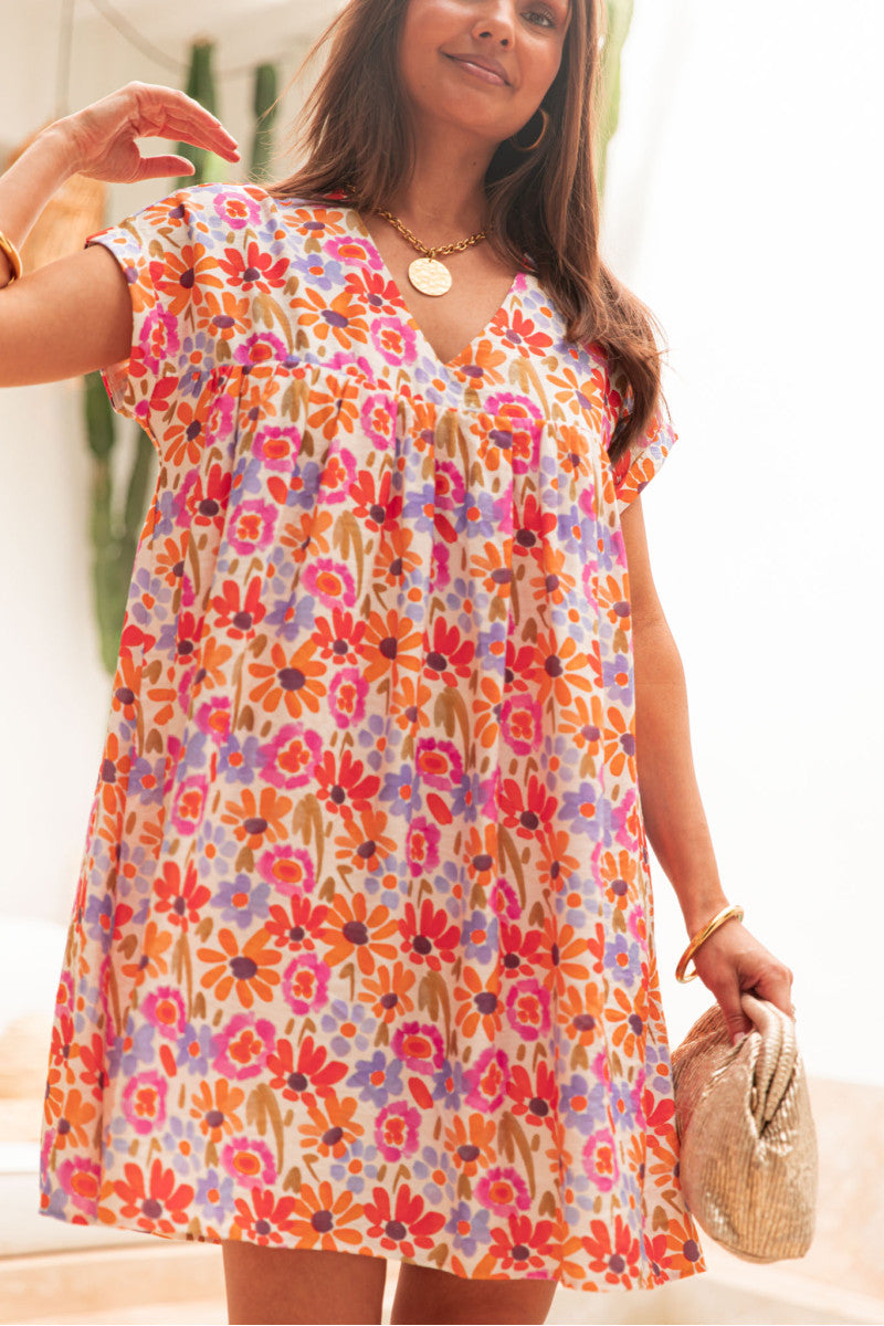 Women's Floral Print Linen Blend V Neck Mini Dress Short Cap Sleeve Loose Shift Dress for Summer Vacation