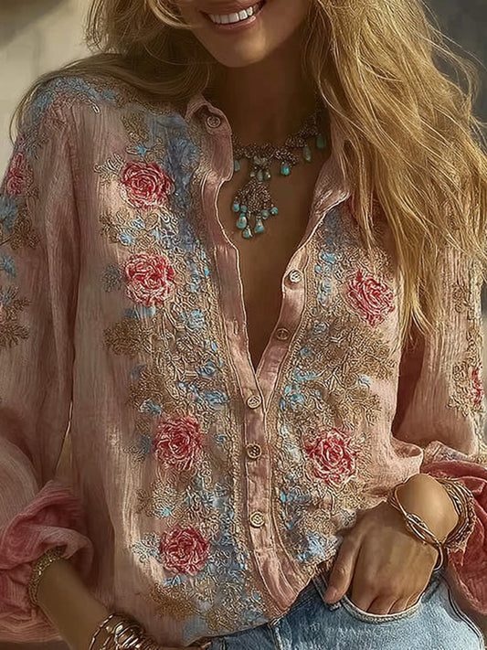 Women's Rose Floral Embroidered Casual Shirt
