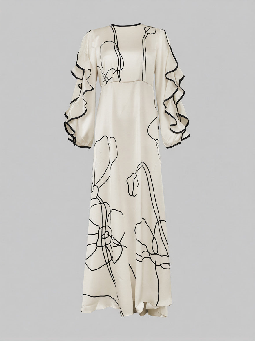 Loose Contrast Color Falbala Flower Print Hollow Zipper Maxi Dresses