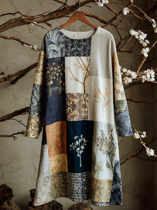 Vintage Japanese Floral Patchwork Linen Round Neck Dress