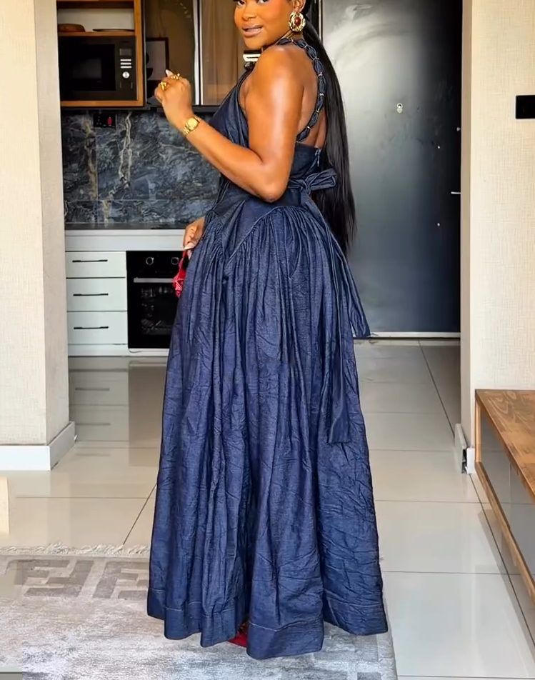 Dark Denim Halter Neck Corset Maxi Dress